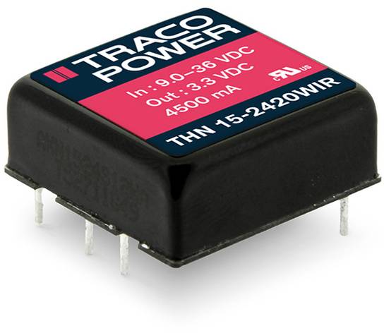 'TRACO POWER DC/DC-Wandler THN 15-2420WIR' mit Eingangsbereich 9-36 VDC, Ausgang 3,3 VDC, max. 4500 mA. Rechteckiges, schwarzes Gehäuse.