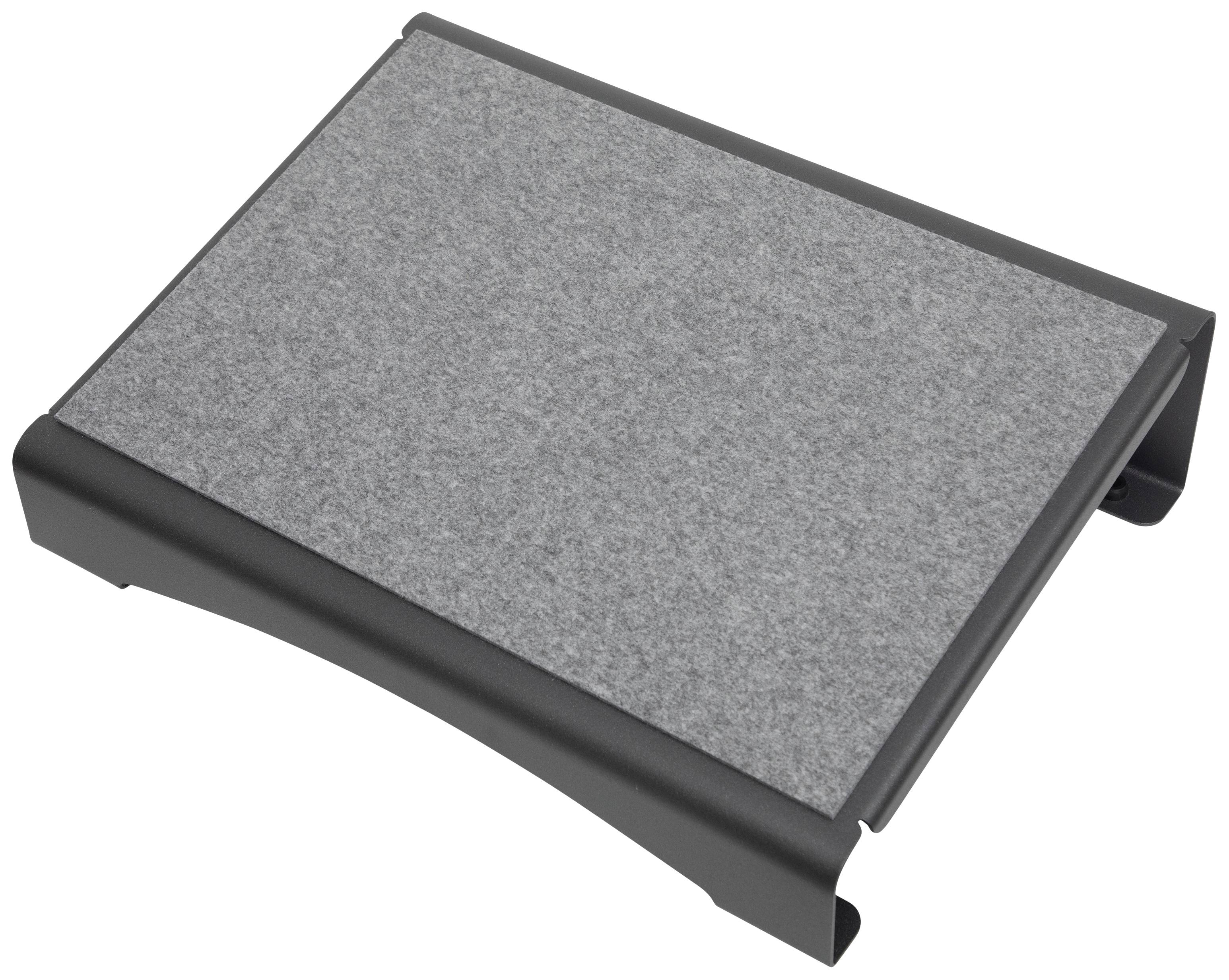 Graue, rechteckige Fußstütze mit schwarzen Seiten, aus Metall gefertigt.