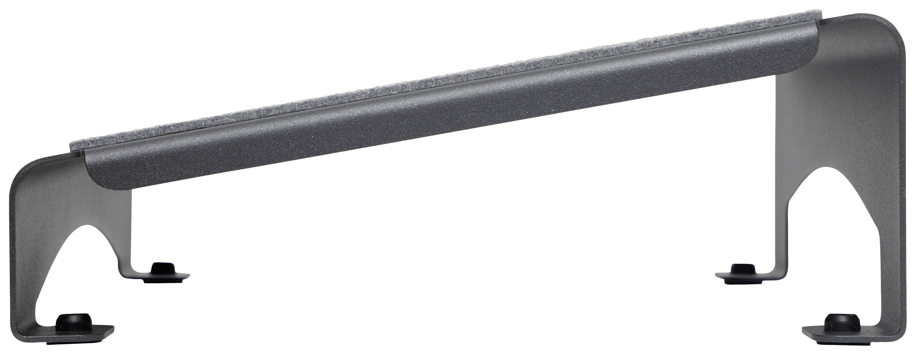 Metallischer Laptophalter mit geneigtem Design, um die Luftzirkulation um das Gerät zu verbessern. Geeignet für ergonomisches Arbeiten.