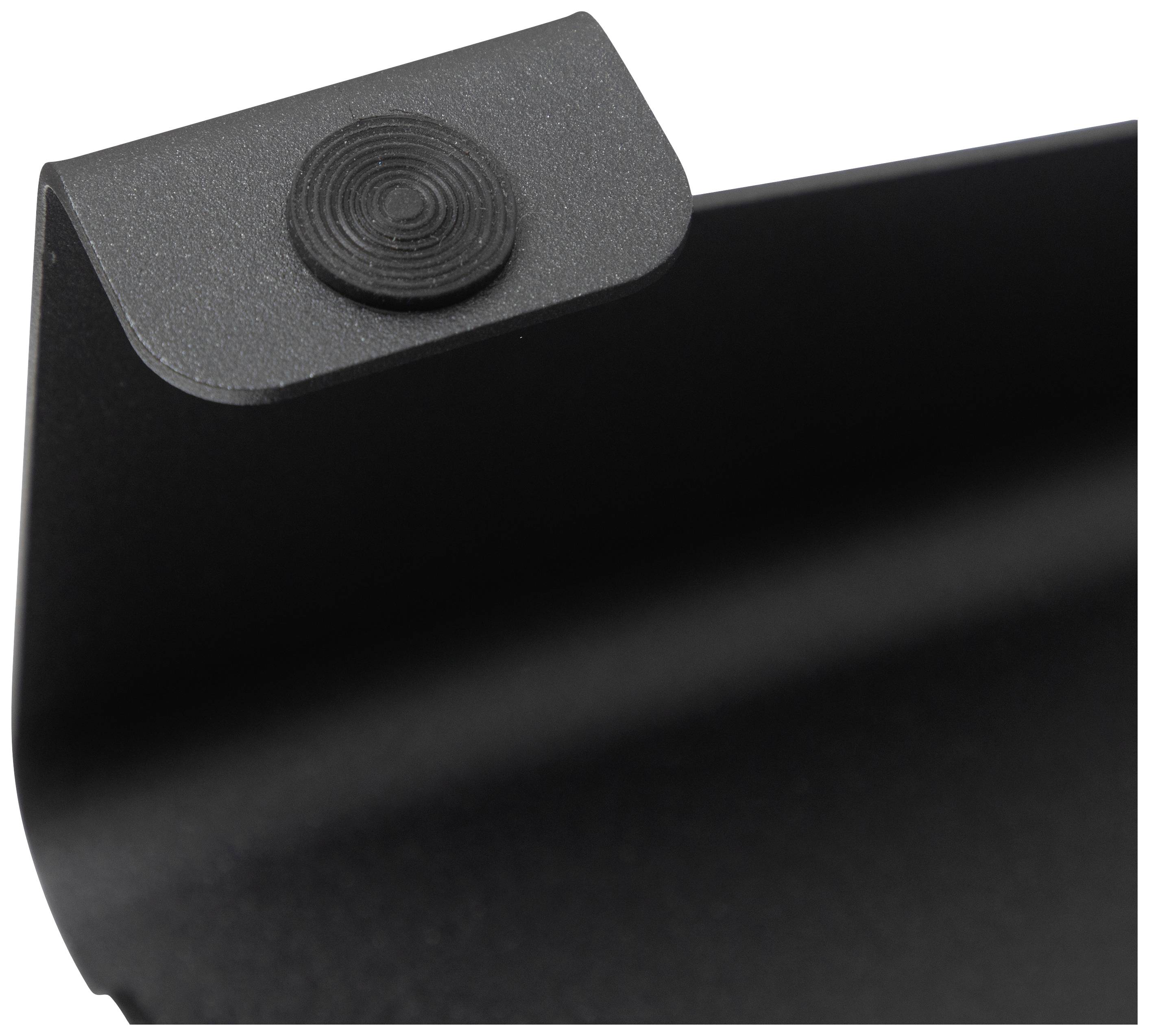 Nahaufnahme einer Ecke eines schwarzen Metallprofils mit einer runden Gummiauflage oben.