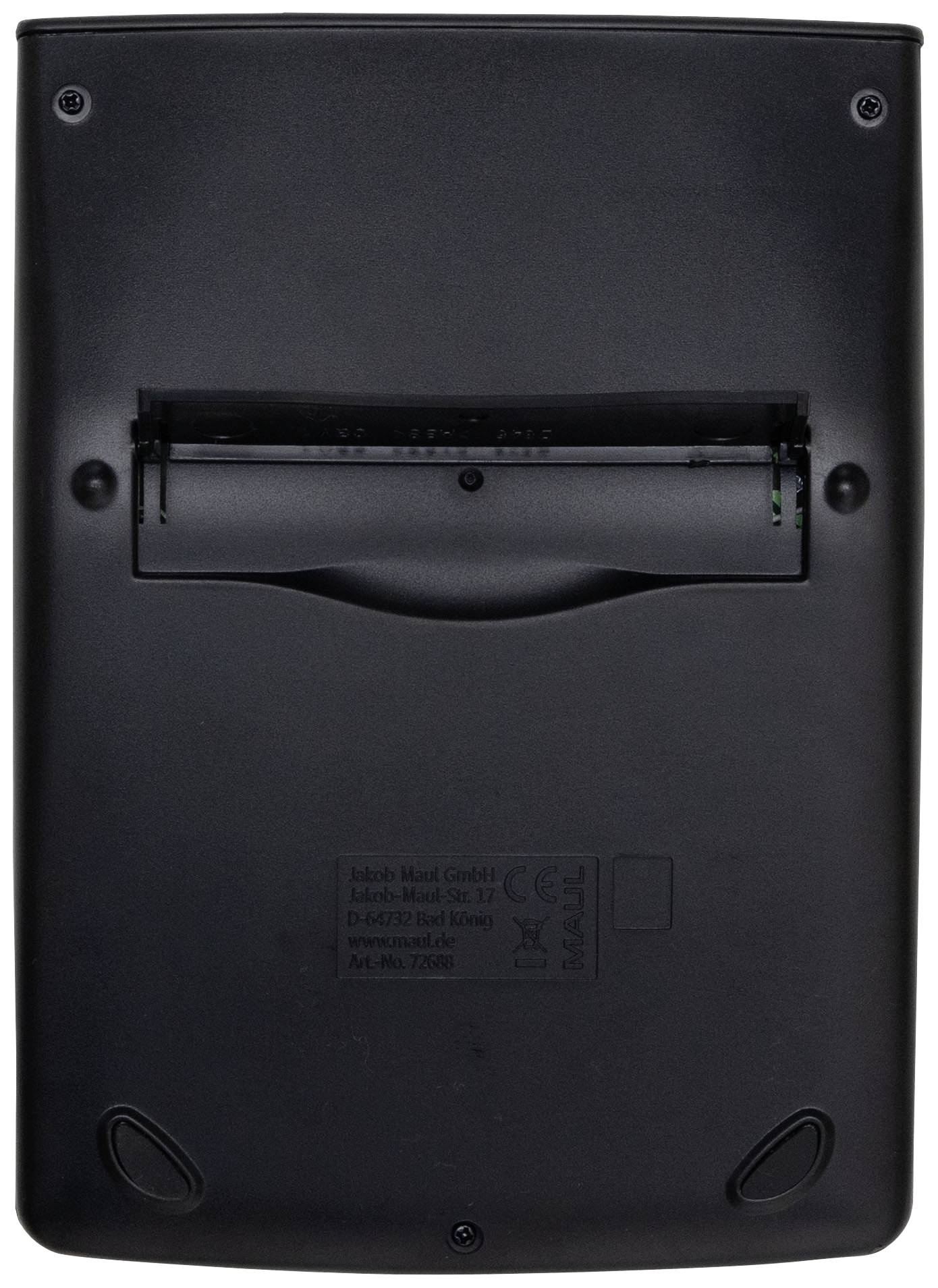 Rückansicht eines schwarzen elektronischen Geräts mit Batteriefach und Herstellerinformationen auf einer Etikette.