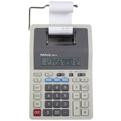 Elektronischer Tischrechner mit Druckfunktion. Zeigt die Zahl '1234567890.12' im Display. Papierrolle mit gedruckten Zahlen.