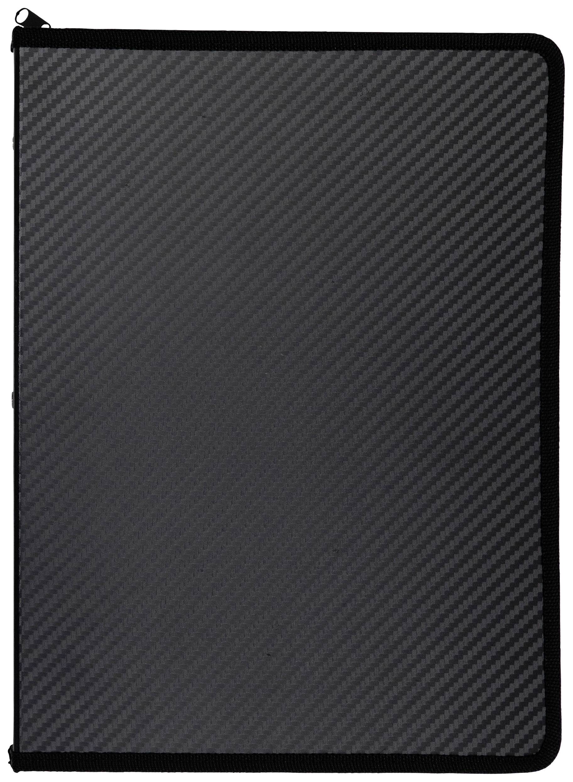 Ein schwarzes Kohlefaser-Mappenetui in Hochformatansicht mit feiner diagonaler Linienstruktur.