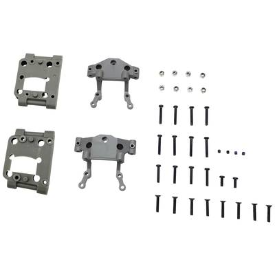 Verschiedene Metallteile und Schrauben, möglicherweise Bauteile eines Modellbau-Sets, auf weißem Hintergrund angeordnet.