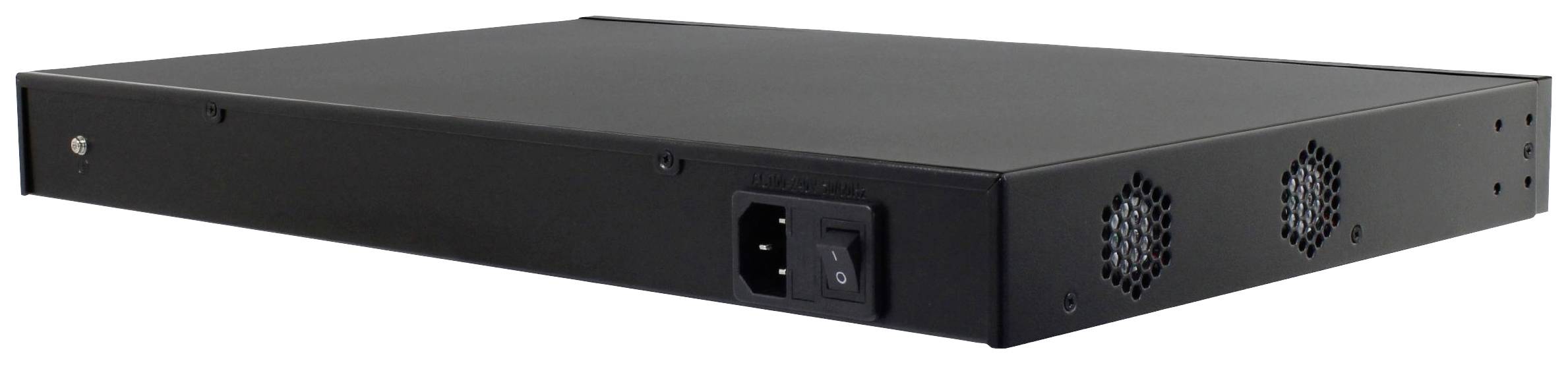 Schwarzes Rackmount-Gehäuse mit Lüftungsschlitzen und Netzschalter auf der Rückseite, geeignet für die Unterbringung von Server- oder Netzwerkgeräten.