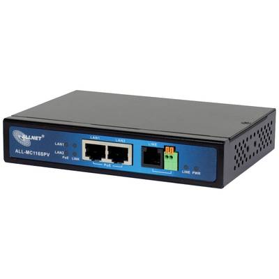 Ein schwarzer Netzwerk-Switch mit zwei Ethernet-Ports und verschiedenen Anzeigeleuchten. Markenname: ALLNET. Modell: ALL-MC116SPV.