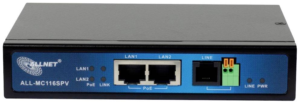 Ein ALLNET Medienkonverter mit zwei LAN-Ports und PoE-Anschlussmöglichkeiten, geeignet für Netzwerkverbindungen und Stromversorgung.