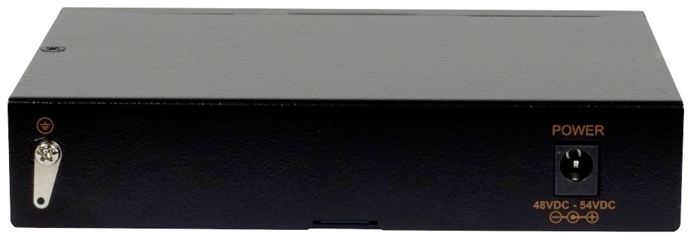 Ein schwarzes Netzteilgehäuse mit einem Schlüsselschalter links und einem Stromanschluss für 48-54V DC rechts.