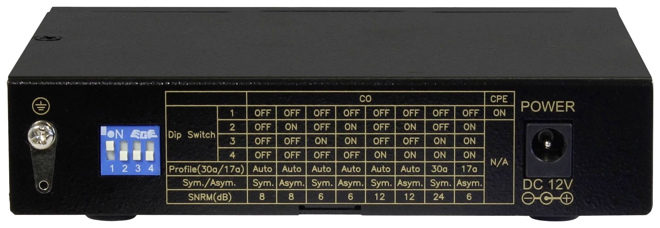 Schwarzes elektronisches Gerät mit mehreren DIP-Schaltern und Tabelle auf der Oberfläche. Anschlüsse: Strom (DC 12V) und Ethernet.