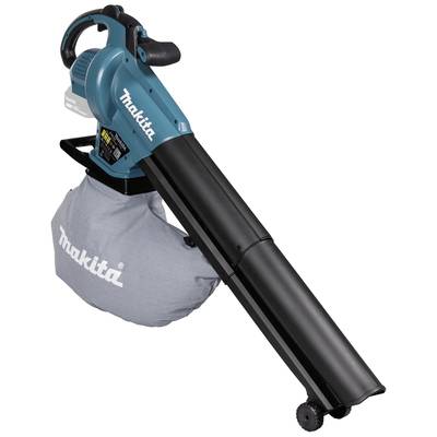 'Makita'-Laubbläser, schwarz und blau, mit Fangsack, auf Rädern.