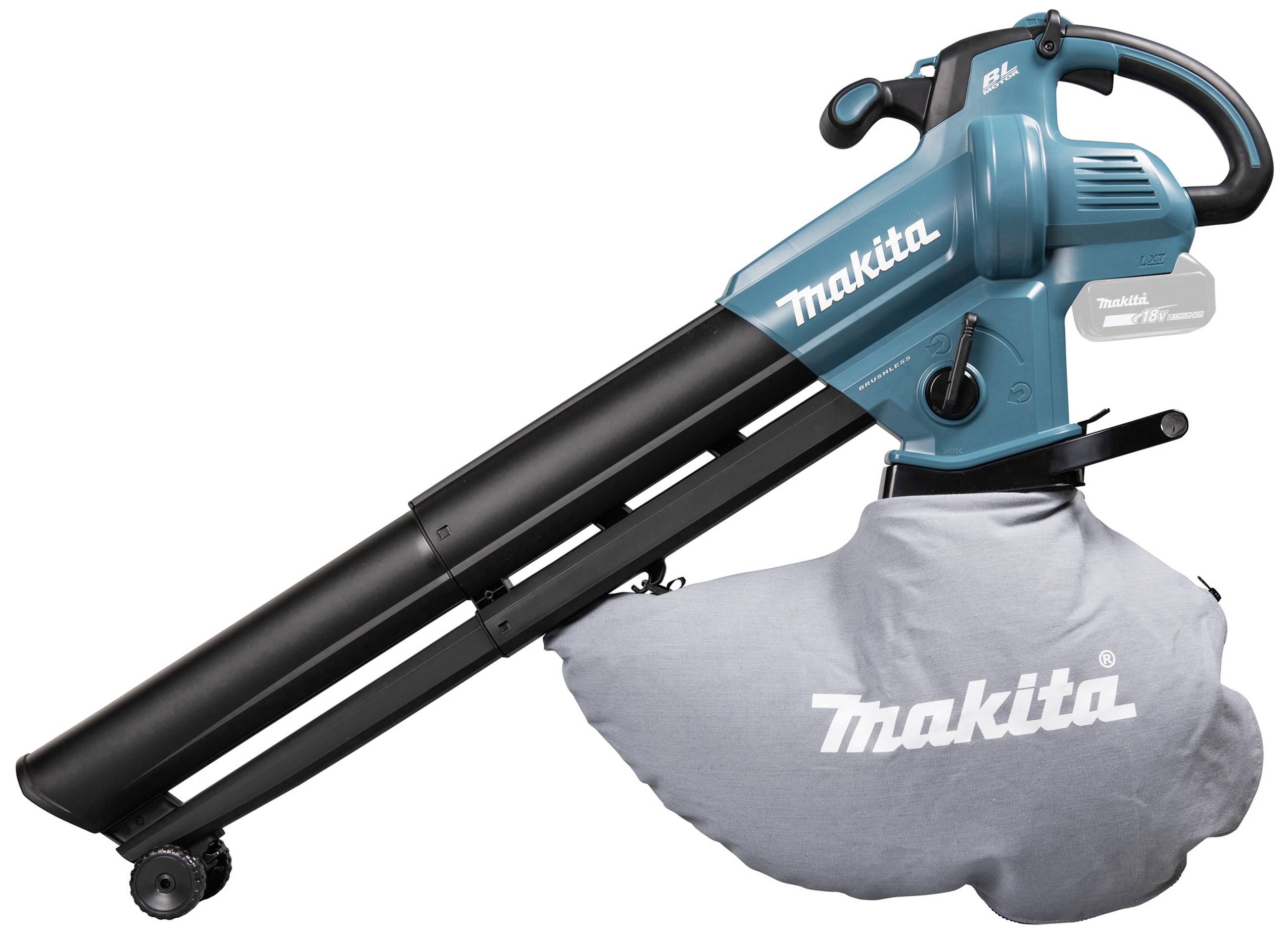 Laubbläser von Makita in Blau mit integriertem Laubsack. Gerät zum Sammeln und Entfernen von Blättern im Außenbereich.