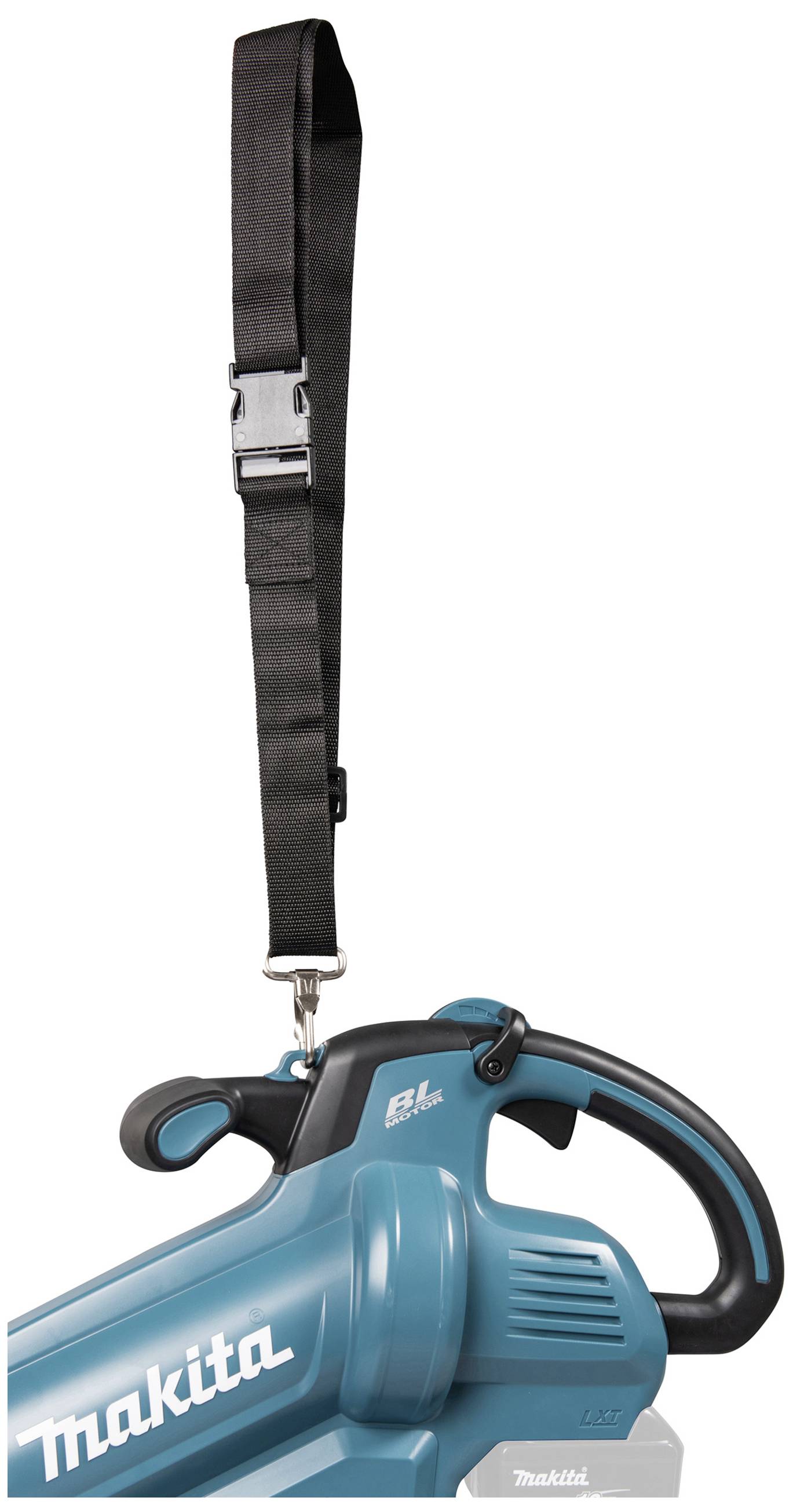 Ein blauer Makita-Laubbläser mit einem angebrachten schwarzen Schultergurt. Das Gerät ist für Gartenarbeiten und Laubentfernung gedacht.