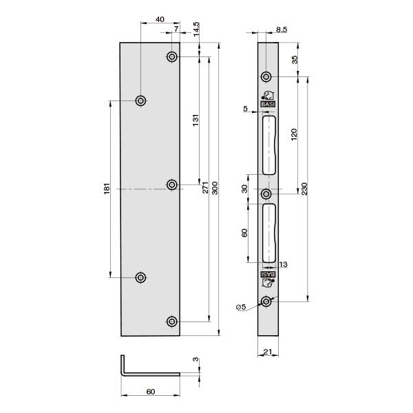 'Technische Zeichnung eines Metallprofils mit Maßen. Ansicht von vorne und der Seite, mit Bemaßungen in Millimetern.'
