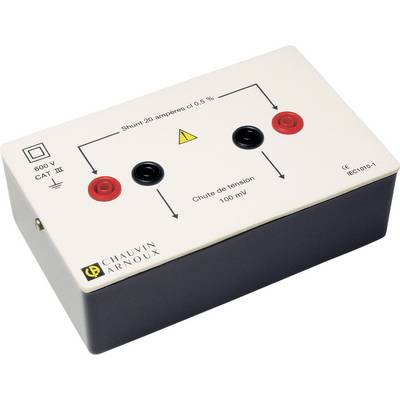Ein Shuntgerät für elektrische Messungen mit Anschlüssen und Aufschriften: 'Shunt 20 ampères ±0,5%', 'Chute de tension 100 mV', 600V CAT III.