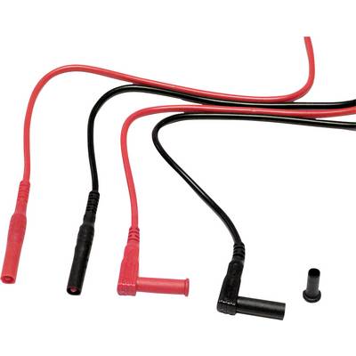 Zwei rote und zwei schwarze Kabel mit verschiedenen Steckern, die für elektrische Verbindungen verwendet werden können.