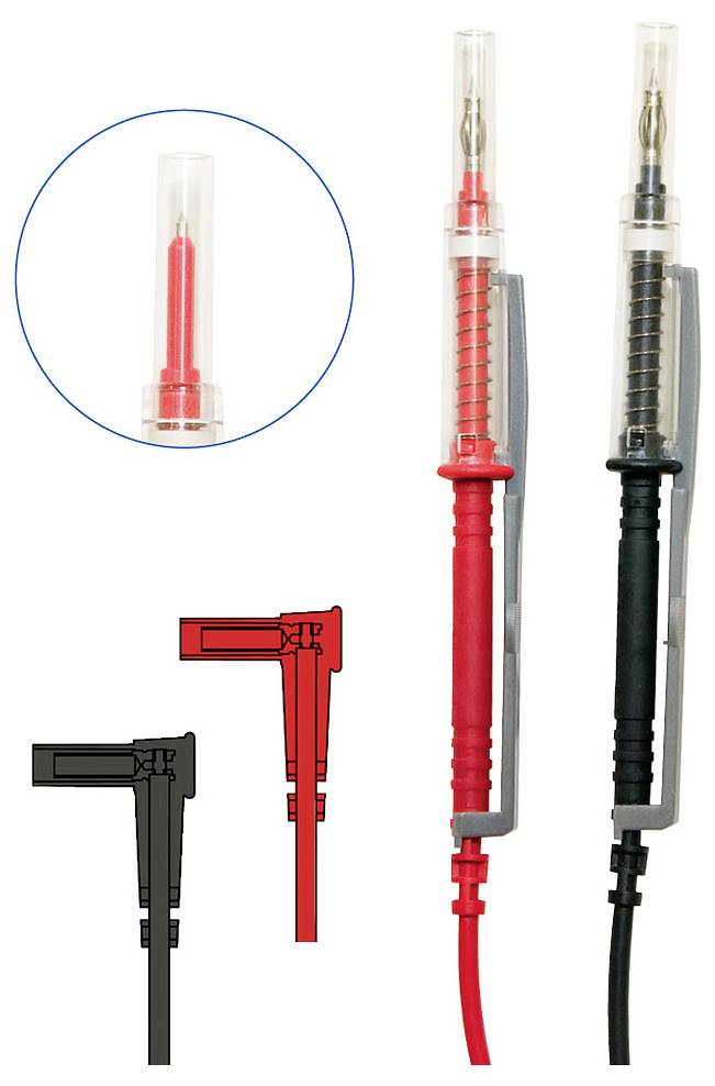 Zwei Messleitungen, eine rot und eine schwarz, mit Steckspitze im Detail gezeigt. Geeignet für Multimeter, Elektronik-Messungen.
