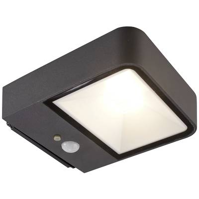 Rechteckige schwarze Außenlampe mit integriertem Bewegungsmelder und energiesparender LED-Beleuchtung, an Decke montiert.