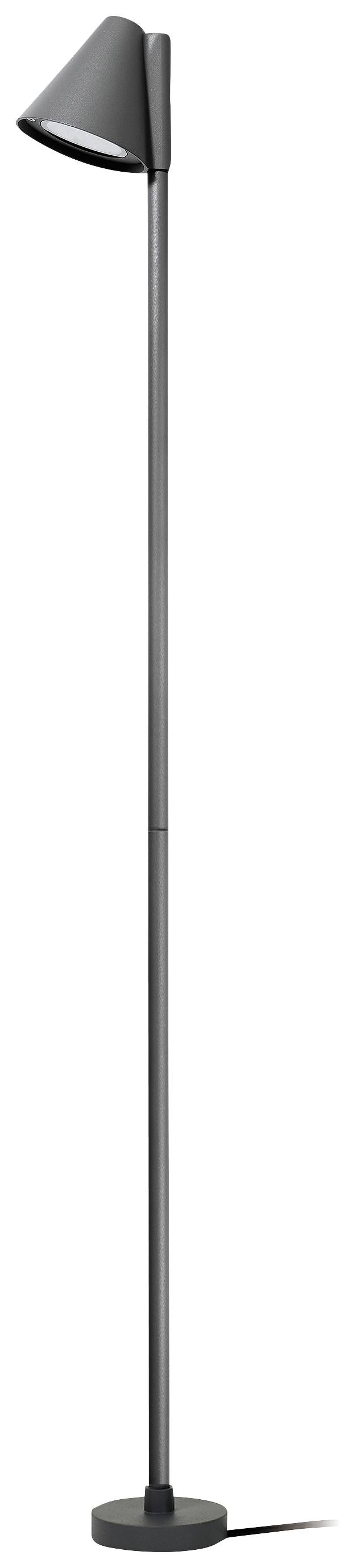 Schwarze, schlanke Stehlampe mit konischem Lampenschirm, stehend auf rundem Sockel, geeignet für modernes Wohnambiente.