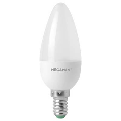 Eine LED-Glühbirne mit E14-Sockel, kerzenförmig, Markenname 'MEGAMAN' auf der Oberfläche.