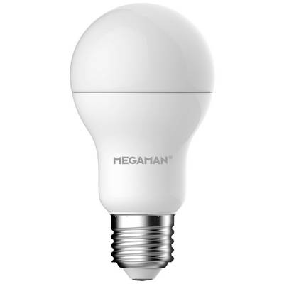 Eine weiße LED-Glühbirne mit silberner Schraube, bedruckt mit dem Markennamen 'MEGAMAN'.