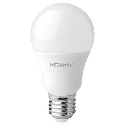 Glühbirne von MEGAMAN in klassischer Form mit silbernem Sockel, zeigt energiesparendes LED-Design.