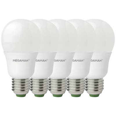 Fünf weiße LED-Glühbirnen mit E27-Sockel, aufgereiht hintereinander. Markenname 'MEGAMAN' auf jeder Glühbirne sichtbar.