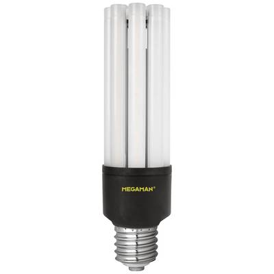 Eine Energiesparlampe mit Schraubgewinde. Auf der schwarzen Fassung steht der Markenname 'MEGAMAN' in gelber Schrift.