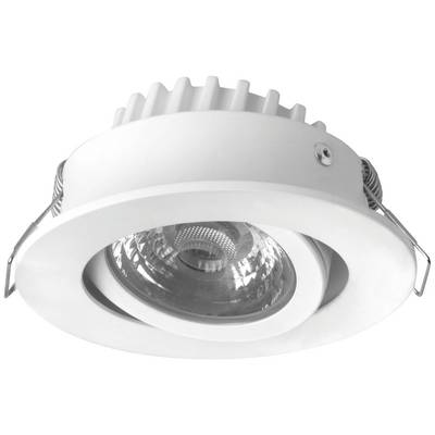 Ein runder, weißer LED-Einbaustrahler mit geriffeltem Kühlkörper und Metallclips, geeignet für Deckenmontage in Wohnräumen.
