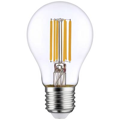 Eine LED-Glühbirne mit sichtbaren Filamenten, klarer Glaskörper und silberne Fassung, auf neutralem Hintergrund.