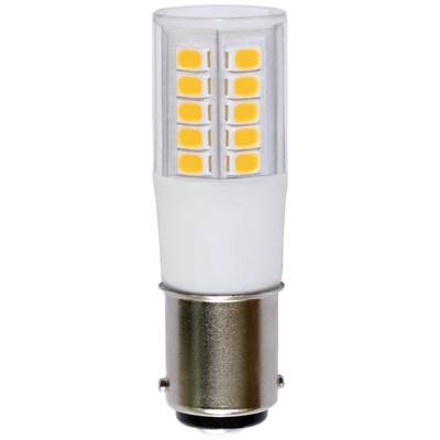 Eine LED-Glühbirne mit zylindrischer Form und gelben Leuchtflächen auf der oberen Hälfte, sitzt auf einer silbernen metallischen Basis.