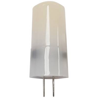 Eine weiße LED-Lampe mit zwei Metallstiften. Ideal für energiesparende Beleuchtungslösungen in Haushalten.
