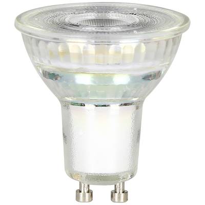 Eine einzelne LED-Glühbirne mit GU10-Sockel, zylindrische Form, transparentes Gehäuse, typischerweise für Spotbeleuchtung verwendet.