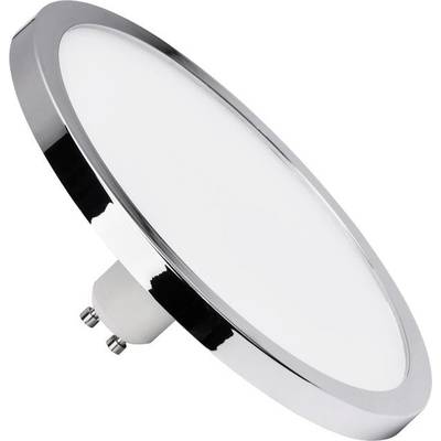 Runde LED-Lampe mit silbernem Rahmen, seitlich geneigt dargestellt.