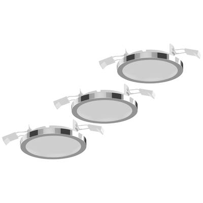 Drei runde LED-Einbauleuchten in Chromoptik, mit je zwei Klemmen an den Seiten. Sie sind für eine Deckenmontage vorgesehen.