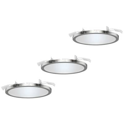 Runde LED-Einbauleuchten mit silbernem Rand, dreimal dargestellt. Geeignet zur Deckenmontage in modernen Innenräumen.