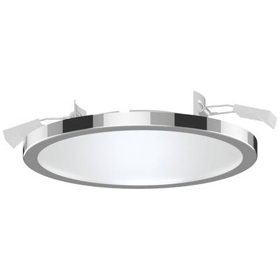 Runde LED-Deckenleuchte in Silber, mit zwei Halteklammern zur Befestigung, strahlt diffuses weißes Licht aus. Geeignet für Innenräume.