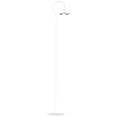 Weiße, minimalistische Stehlampe mit gebogenem Ständer und flachem, rundem Lampenschirm.