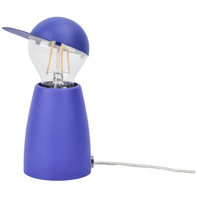 Blaue Tischlampe in Form einer Person mit Baseballmütze, Filament-Glühbirne als Kopf.