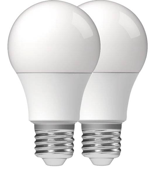 Zwei weiße LED-Glühbirnen mit E27-Sockel, energiesparend und für den Innenbereich geeignet. Ideal für Wohnzimmer- und Schlafzimmerbeleuchtung.
