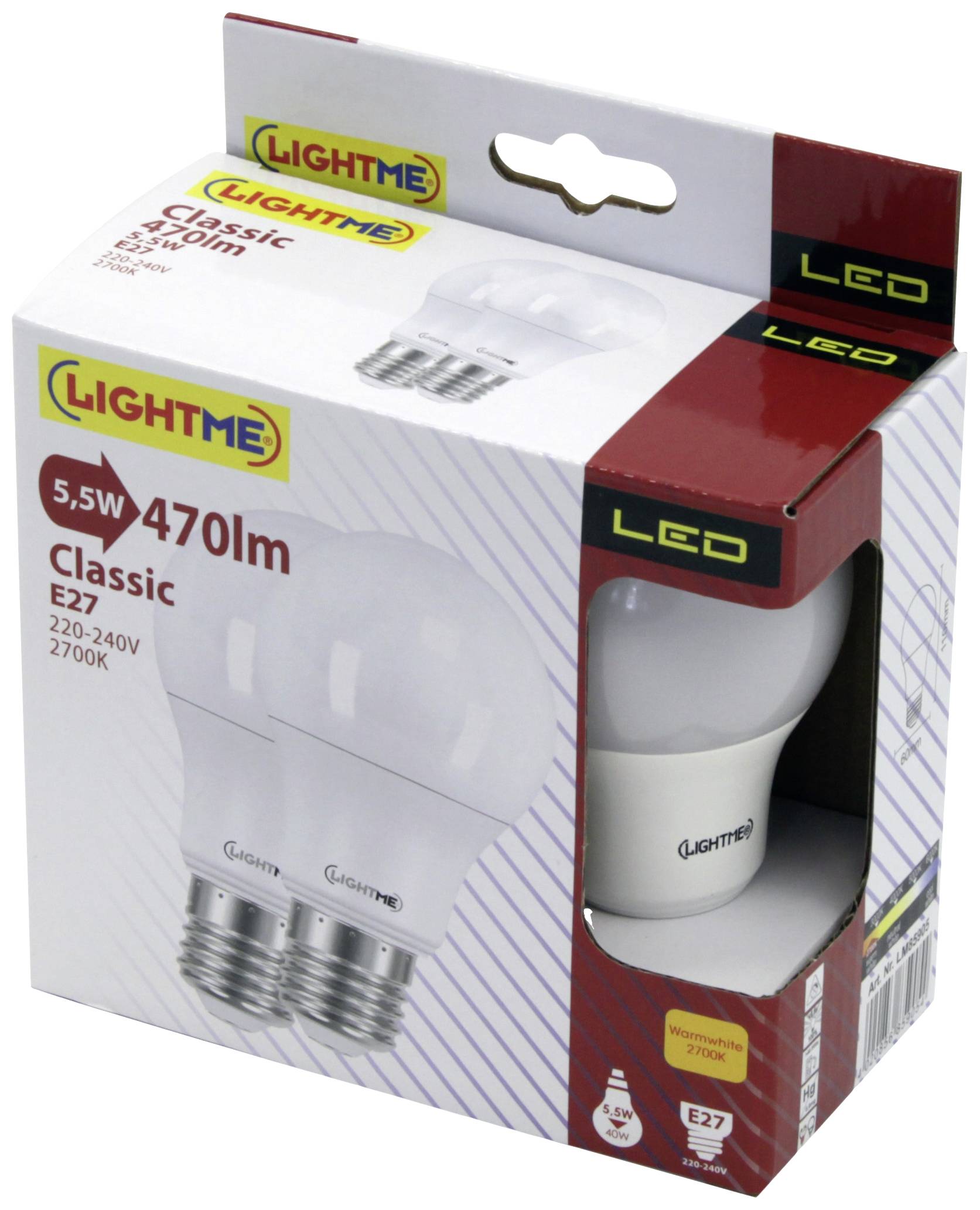 LED-Glühbirnen Verpackung von Lightme, 5,5W, 470 Lumen, klassische Form, E27-Sockel, 220-240V, 2700K warmweiß.
