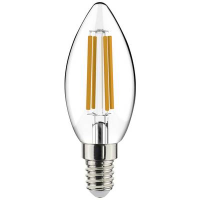 Eine LED-Glühbirne in Kerzenform mit sichtbarem Glühfaden, transparentes Glas, Metallfassung.