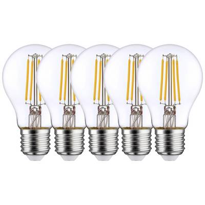 Fünf LED-Glühbirnen in einer Reihe zeigen die Filament-Technologie. Sie eignen sich für energiesparende Beleuchtung.