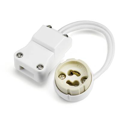 Ein weißer Keramik-Lampenhalter mit Kabel und zwei Schrauben, geeignet für Glühlampen der Bauform GU10, auf weißem Hintergrund.