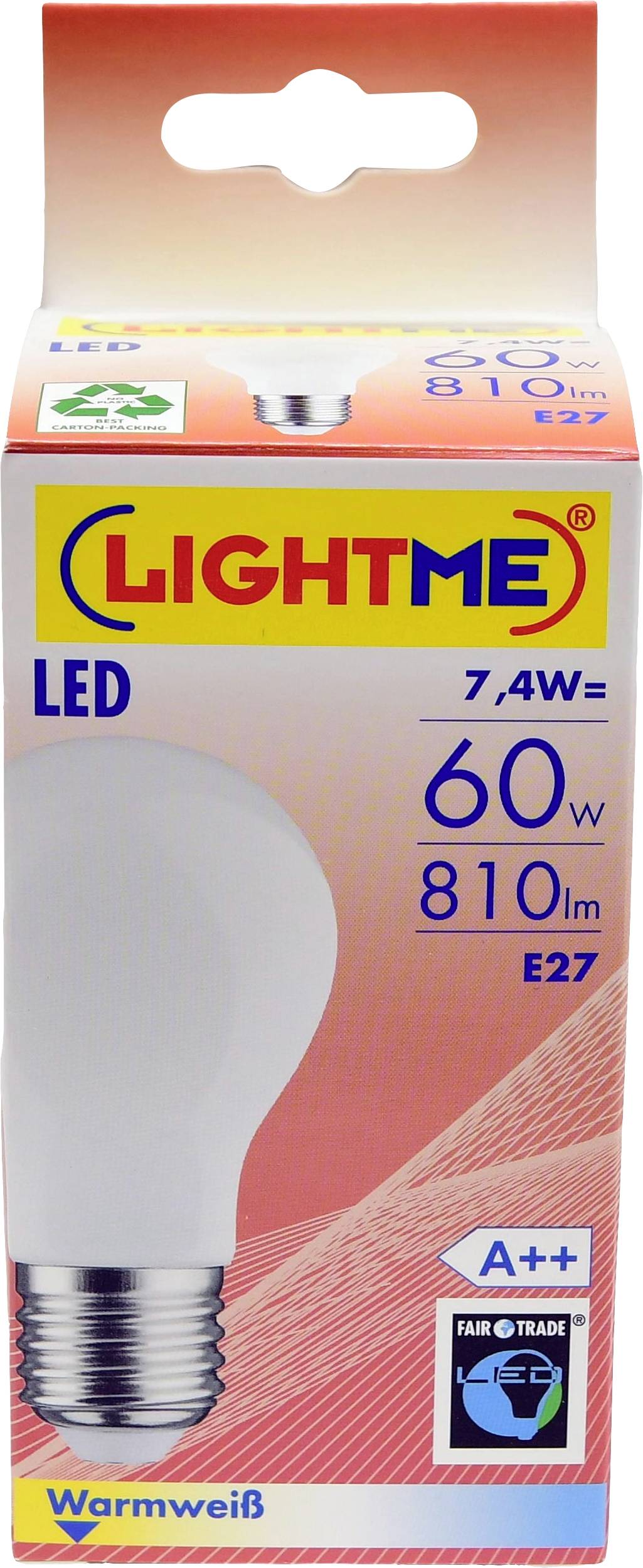 LED-Glühbirnenverpackung mit einer Leistung von 7,4 W, entspricht 60 W, 810 Lumen, Sockel E27, Energieeffizienzklasse A++, warmweißes Licht.