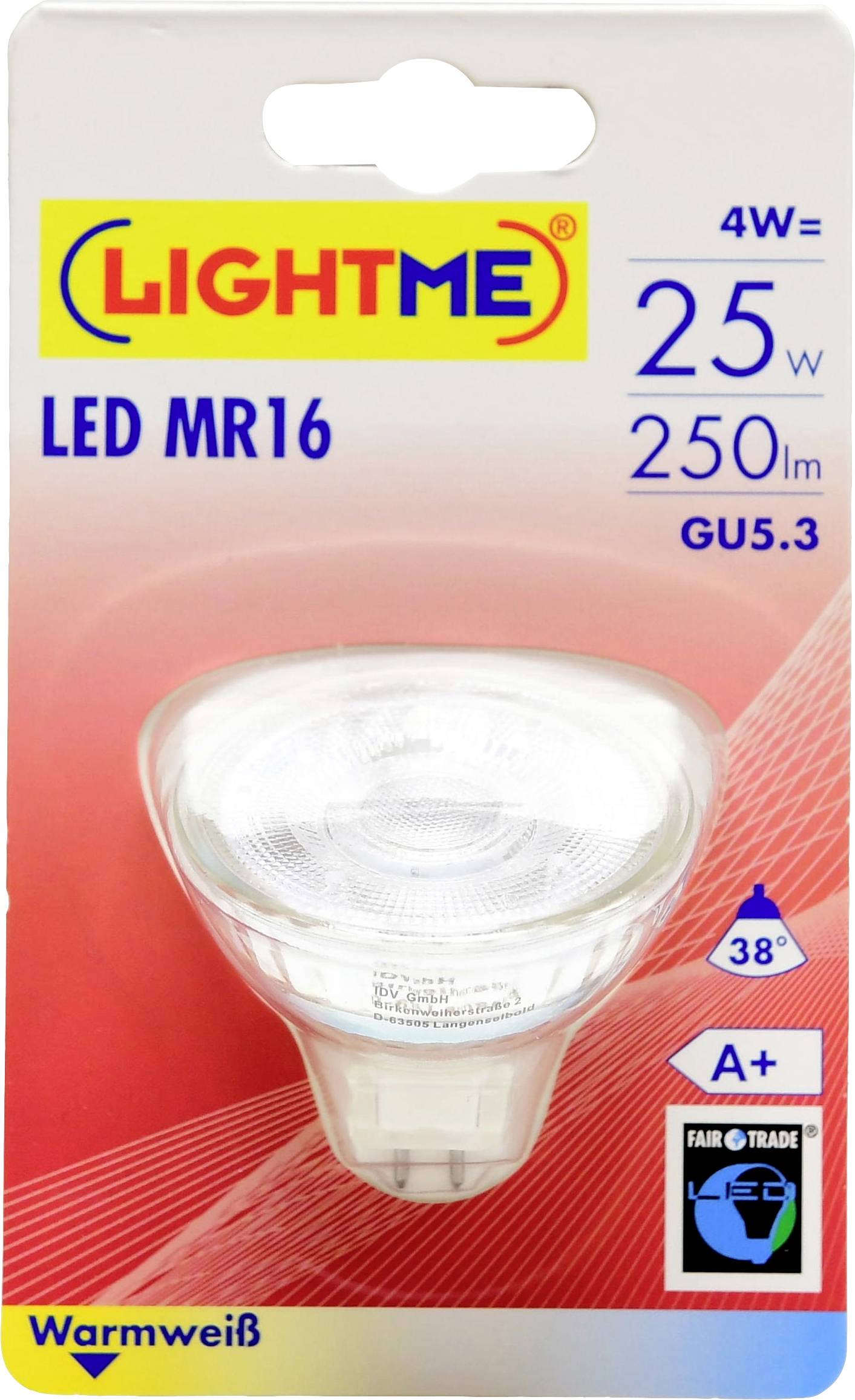 LED-Glühlampe auf Verpackung mit 'LightMe' Logo, 25 Watt, 250 Lumen, LED MR16. Energiesparklasse A+, warmweiß, 38° Abstrahlwinkel.