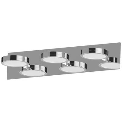 Sechs runde, chromfarbene Deckenleuchten auf rechteckiger Platte, symmetrisch angeordnet, mit modernem Design.
