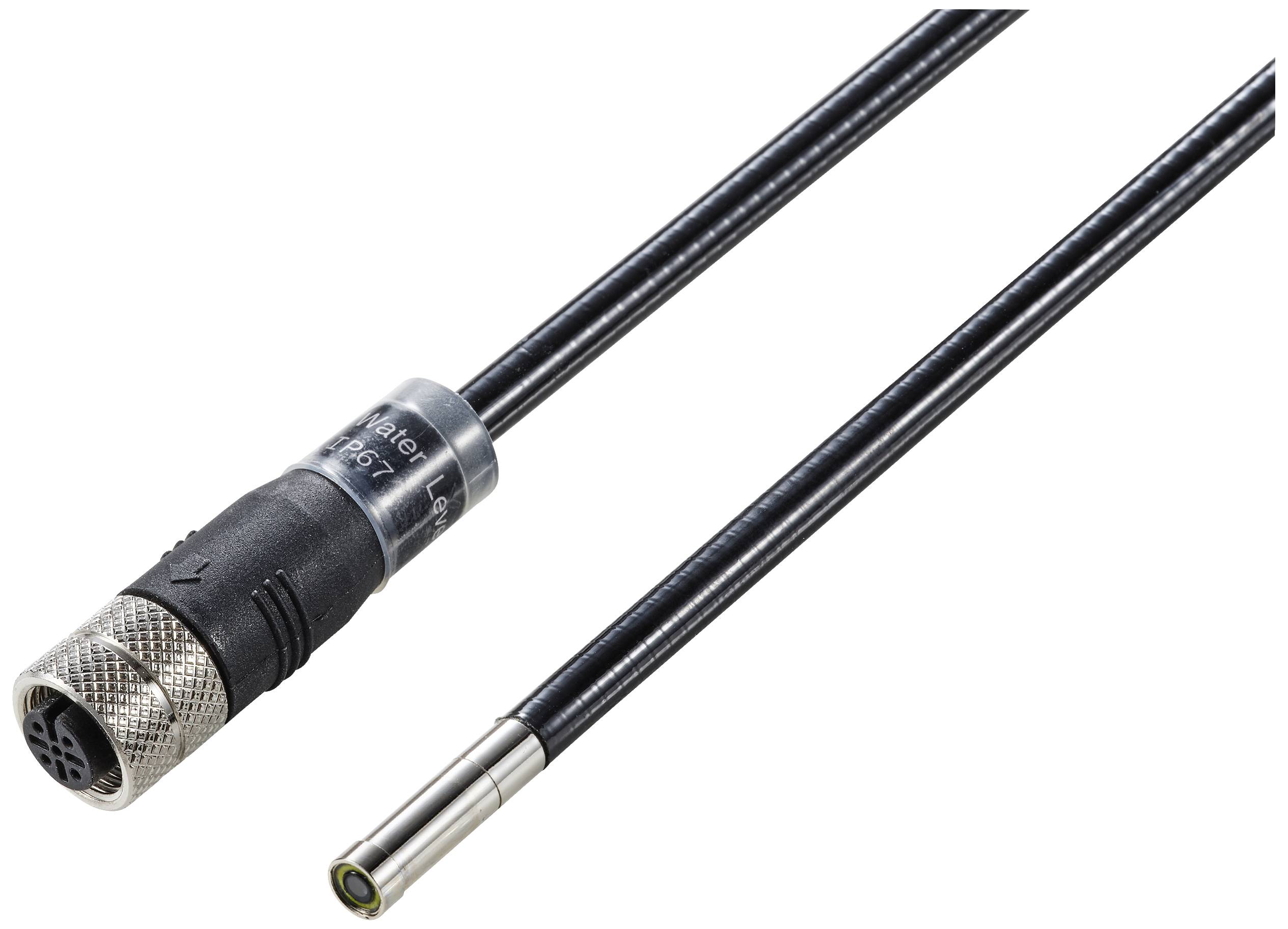 'Ein Sensor mit zwei Kabeln: links ein Rundstecker, rechts ein zylindrischer Sensor.'<br><br>