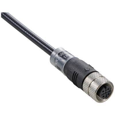 Schwarzes Kabel mit einem Metallstecker und einem beschrifteten Ring. Der Stecker hat mehrere Pins und ist für elektrische Verbindungen geeignet.