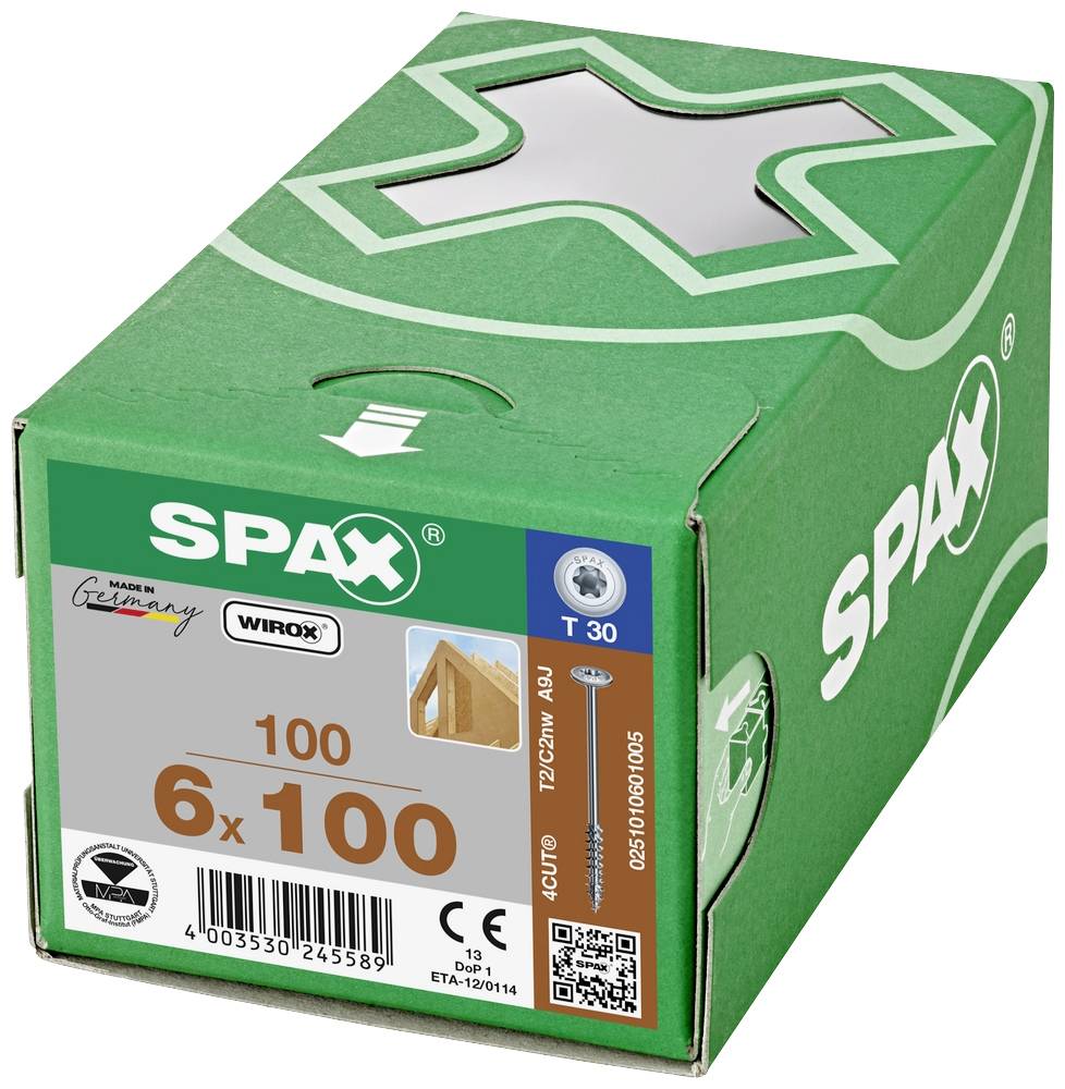 Grüner Karton mit 100 SPAX-Schrauben, 6x100 mm. Hergestellt in Deutschland. Wirox-beschichtet, geeignet für Holzverbindungen.