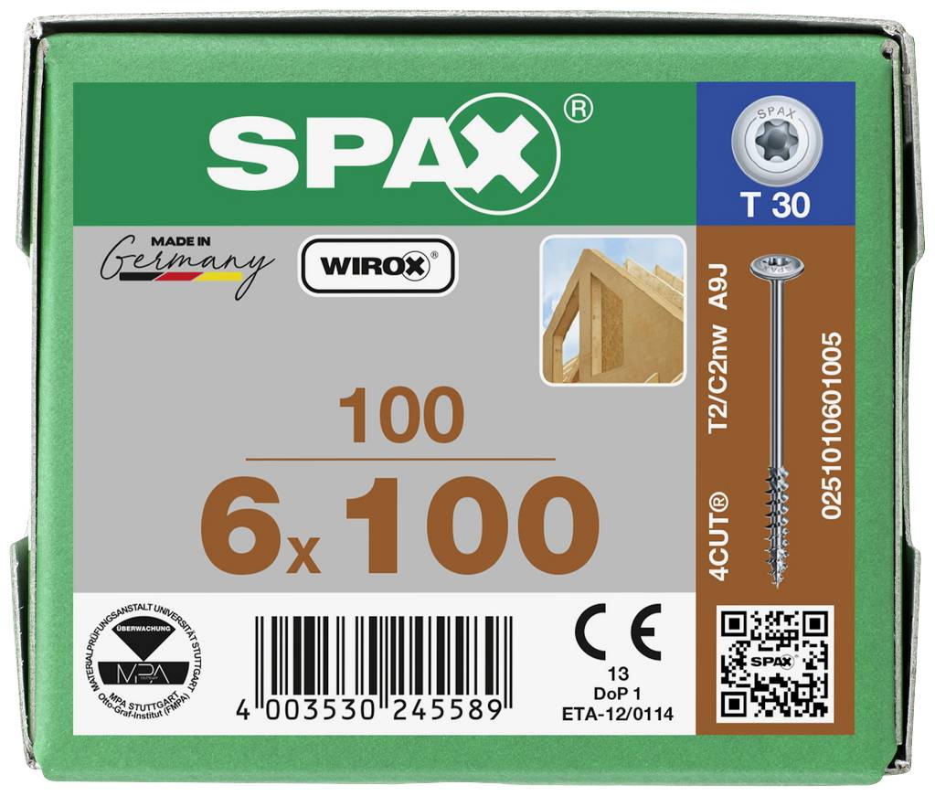 Schraubenkarton von SPAX, zeigt Größe '6 x 100 mm', geeignet für Holzverbindungen. Enthält QR-Code und verschiedene Zertifikate.